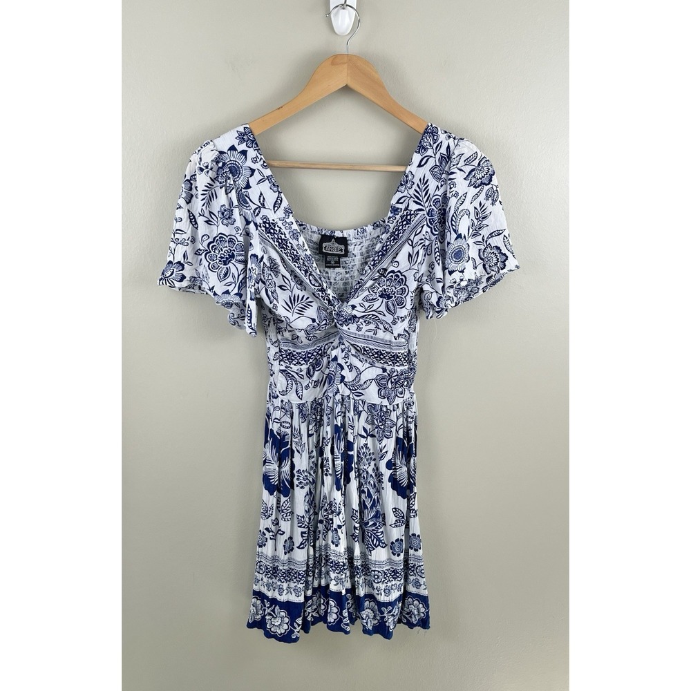ANGIE Floral Print Twist Front Cutout Flutter Sleeve Mini Dress M Boho Festival